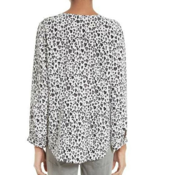 Joie Silk Blouse Womens White V Neck Long Sleeve Black Purine Hearts Long Sleeve - Picture 6 of 6